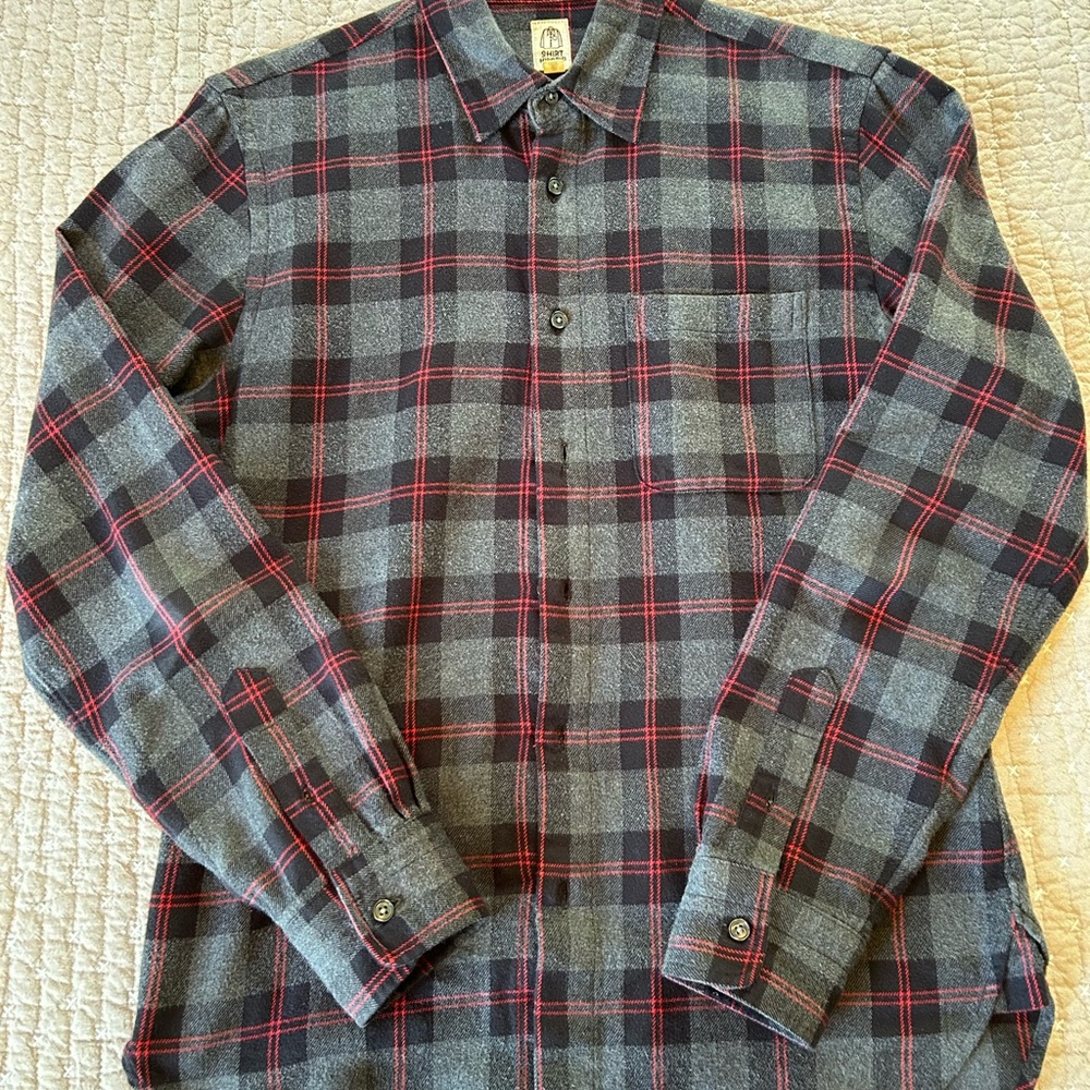 Gray and Red Plaid Flannel Button Down Shirt